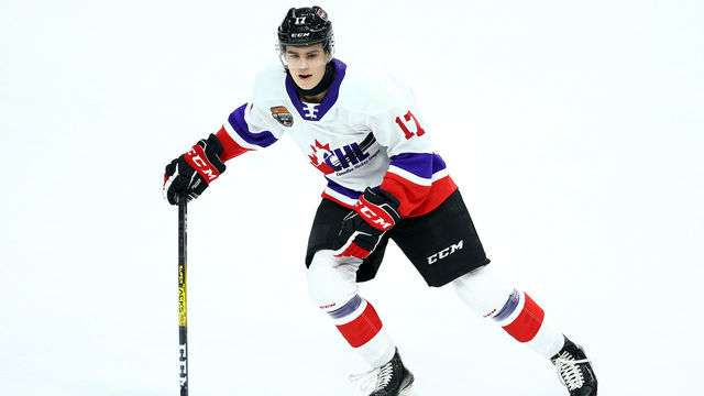 HAMILTON, ON - JANUARY 16: Ridly Greig #17 of Team White skates during the 2020 CHL/NHL Top Prospects Game against Team Red at FirstOntario Centre on January 16, 2020 in Hamilton, Canada.