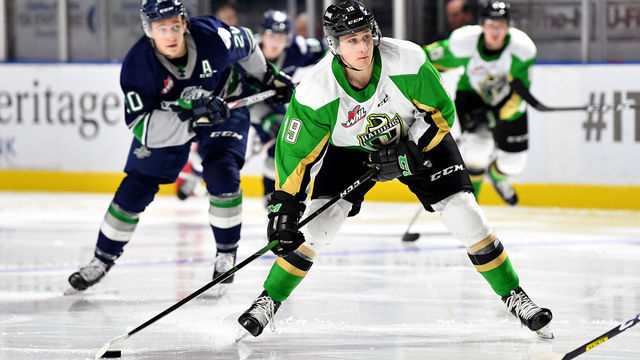 KENT, WASHINGTON - OCTOBER 22: Ozzy Wiesblatt #19 of the Prince Albert Raiders looks for an opening during the second period of the game against the Seattle Thunderbirds at accesso ShoWare Center on October 22, 2019 in Kent, Washington. The Seattle Thunderbirds top the Prince Albert Raiders 3-1.