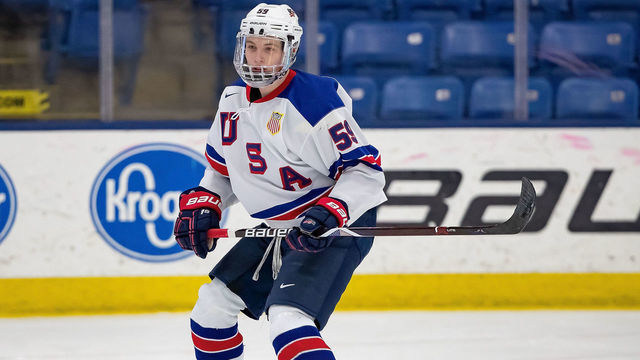 PLYMOUTH, MI - DECEMBER 11: Ty Smilanic #59 of the U.S. Nationals follows the play against the Slovakia Nationals during game two of day one of the 2018 Under-17 Four Nations Tournament game at USA Hockey Arena on December 11, 2018 in Plymouth, Michigan. USA defeated Slovakia 7-2.