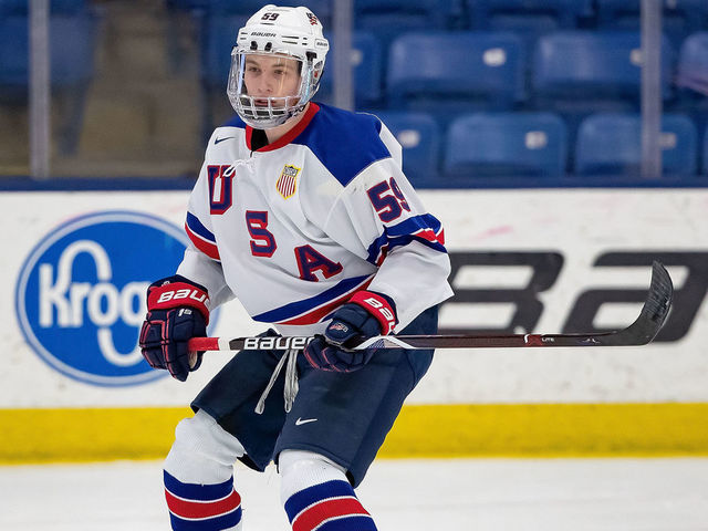 PLYMOUTH, MI - DECEMBER 11: Ty Smilanic #59 of the U.S. Nationals follows the play against the Slovakia Nationals during game two of day one of the 2018 Under-17 Four Nations Tournament game at USA Hockey Arena on December 11, 2018 in Plymouth, Michigan. USA defeated Slovakia 7-2.