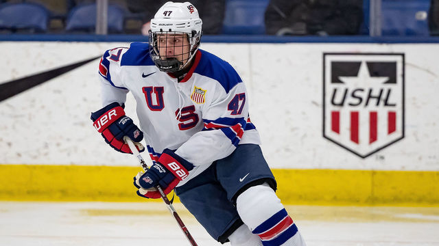 PLYMOUTH, MI - DECEMBER 11: Thomas Bordeleau #47 of the U.S. Nationals turns up ice with the puck against the Slovakia Nationals during game two of day one of the 2018 Under-17 Four Nations Tournament game at USA Hockey Arena on December 11, 2018 in Plymouth, Michigan. USA defeated Slovakia 7-2.