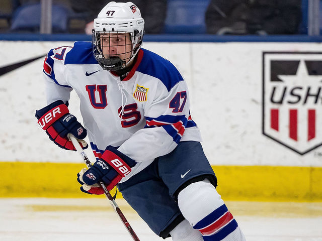 PLYMOUTH, MI - DECEMBER 11: Thomas Bordeleau #47 of the U.S. Nationals turns up ice with the puck against the Slovakia Nationals during game two of day one of the 2018 Under-17 Four Nations Tournament game at USA Hockey Arena on December 11, 2018 in Plymouth, Michigan. USA defeated Slovakia 7-2.