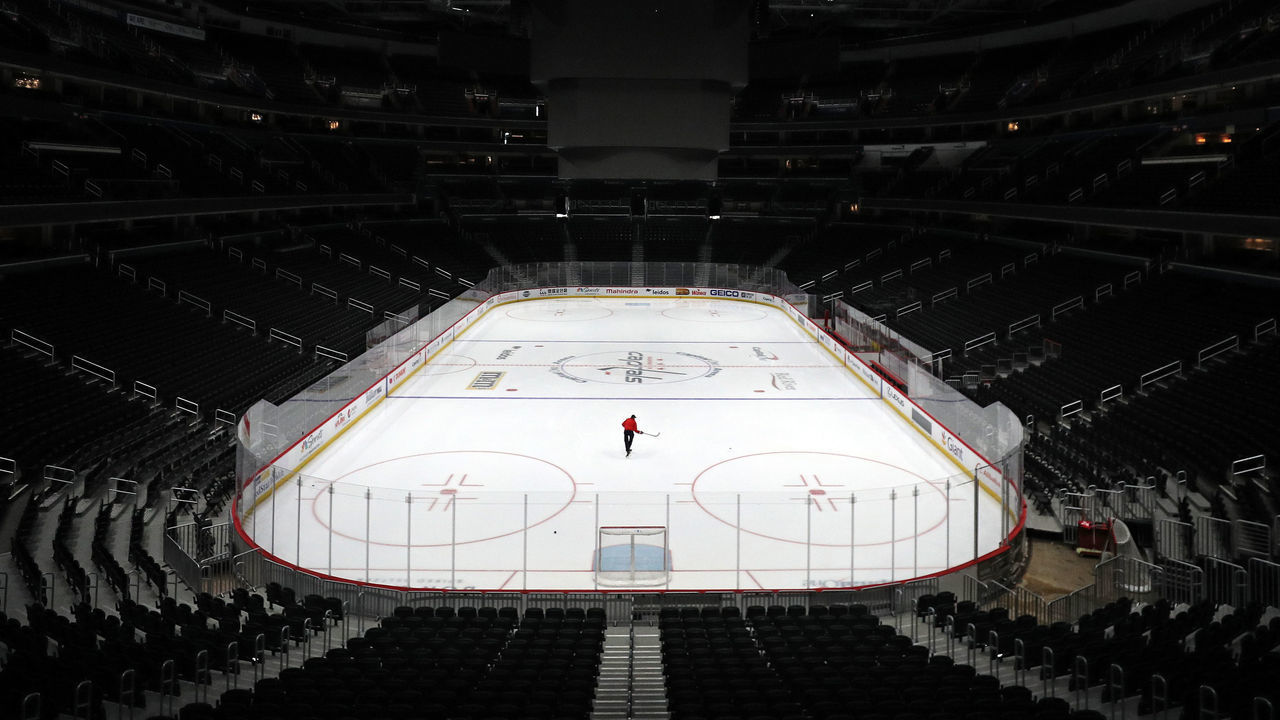 WASHINGTON, DC - MARCH 12: Sam Hess, Operations with Monumental Sports & Entertainment, skates alone prior Detroit Red Wings playing against the Washington Capitals at Capital One Arena on March 12, 2020 in Washington, DC. Today the NHL announced is has suspended their season due to the uncertainty of the coronavirus (COVID-19) with hopes of returning. The NHL currently joins the NBA, MLS, as well as, other sporting events and leagues around the world suspending play because of the coronavirus outbreak.