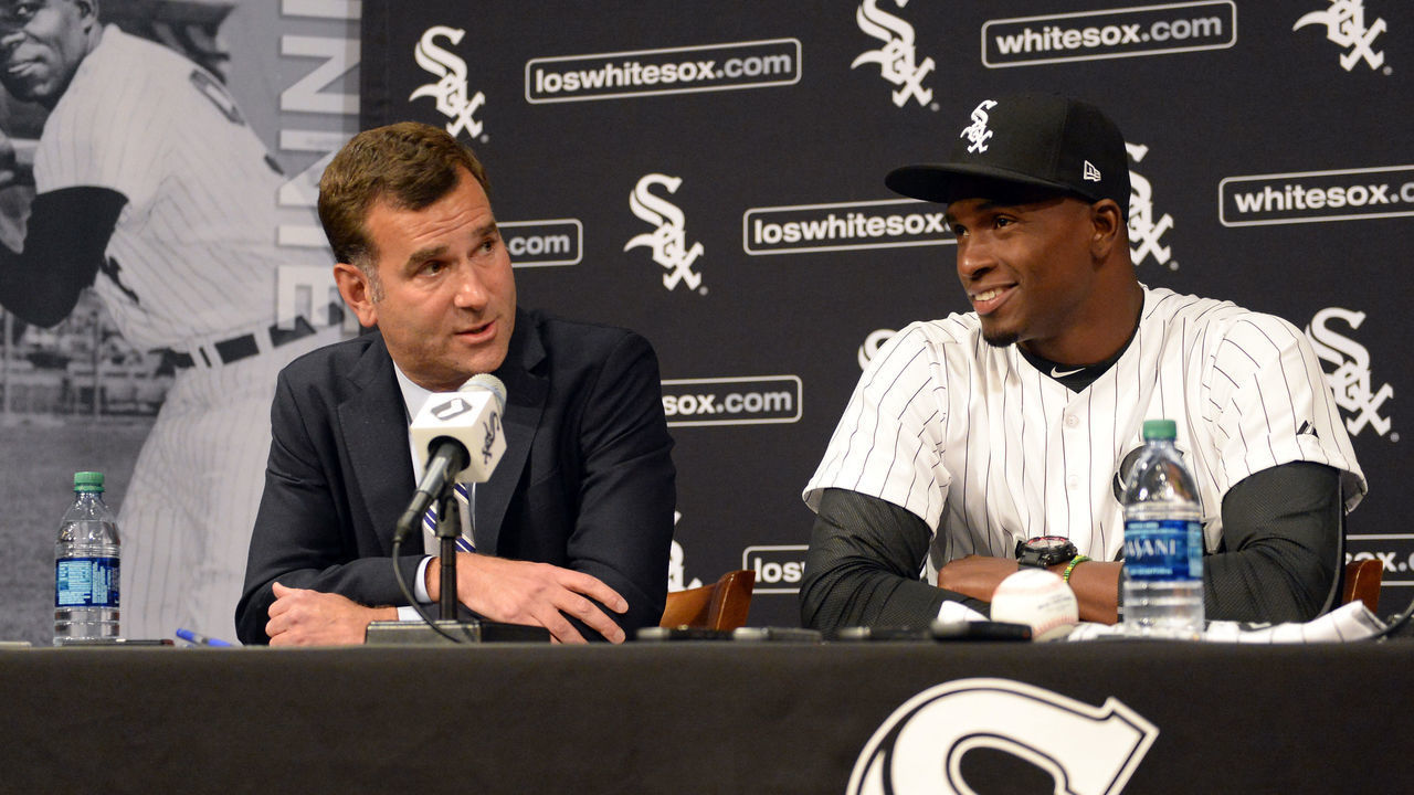 CHICAGO - MAY 27: Cuban outfielder Luis Robert and Chicago White Sox Senior Vice-President and General Manager Rick Hahn participate in a press conference to announce the signing of Robert prior to the game against the Detroit Tigers on May 27, 2017 at Guaranteed Rate Field in Chicago, Illinois. Robert, 19, has played the last four seasons (2013-16) for Ciego de Ávila in the Cuban Serie Nacional (Cuban National Series), Cuba"u2019s top-level league. The 6-foot-2, 210-pound Robert made his debut with the team in 2013 at age 16. Robert played for Cuba"u2019s U-18 National Team from 2014-2015, making appearances at the World Cup (2015) and Pan American Games (2014). He was teammates with White Sox and baseball"u2019s No. 1 overall prospect Yoán Moncada in 2014. Robert also played for Cuba"u2019s U-15 National Team in 2012.Robert played for Cuba"u2019s U-18 National Team from 2014-2015, making appearances at the World Cup (2015) and Pan American Games (2014). He was teammates with White Sox and baseball"u2019s No. 1 overall prospect Yoán Moncada in 2014. Robert also played for Cuba"u2019s U-15 National Team in 2012.