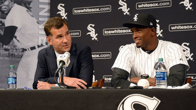 CHICAGO - MAY 27: Cuban outfielder Luis Robert and Chicago White Sox Senior Vice-President and General Manager Rick Hahn participate in a press conference to announce the signing of Robert prior to the game against the Detroit Tigers on May 27, 2017 at Guaranteed Rate Field in Chicago, Illinois. Robert, 19, has played the last four seasons (2013-16) for Ciego de Ávila in the Cuban Serie Nacional (Cuban National Series), Cuba"u2019s top-level league. The 6-foot-2, 210-pound Robert made his debut with the team in 2013 at age 16. Robert played for Cuba"u2019s U-18 National Team from 2014-2015, making appearances at the World Cup (2015) and Pan American Games (2014). He was teammates with White Sox and baseball"u2019s No. 1 overall prospect Yoán Moncada in 2014. Robert also played for Cuba"u2019s U-15 National Team in 2012.Robert played for Cuba"u2019s U-18 National Team from 2014-2015, making appearances at the World Cup (2015) and Pan American Games (2014). He was teammates with White Sox and baseball"u2019s No. 1 overall prospect Yoán Moncada in 2014. Robert also played for Cuba"u2019s U-15 National Team in 2012.