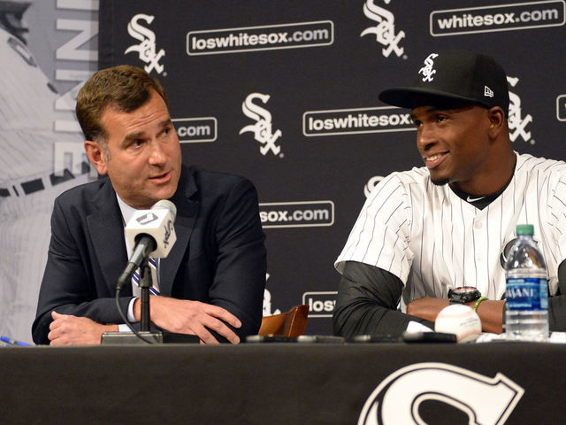 CHICAGO - MAY 27: Cuban outfielder Luis Robert and Chicago White Sox Senior Vice-President and General Manager Rick Hahn participate in a press conference to announce the signing of Robert prior to the game against the Detroit Tigers on May 27, 2017 at Guaranteed Rate Field in Chicago, Illinois. Robert, 19, has played the last four seasons (2013-16) for Ciego de Ávila in the Cuban Serie Nacional (Cuban National Series), Cuba"u2019s top-level league. The 6-foot-2, 210-pound Robert made his debut with the team in 2013 at age 16. Robert played for Cuba"u2019s U-18 National Team from 2014-2015, making appearances at the World Cup (2015) and Pan American Games (2014). He was teammates with White Sox and baseball"u2019s No. 1 overall prospect Yoán Moncada in 2014. Robert also played for Cuba"u2019s U-15 National Team in 2012.Robert played for Cuba"u2019s U-18 National Team from 2014-2015, making appearances at the World Cup (2015) and Pan American Games (2014). He was teammates with White Sox and baseball"u2019s No. 1 overall prospect Yoán Moncada in 2014. Robert also played for Cuba"u2019s U-15 National Team in 2012.