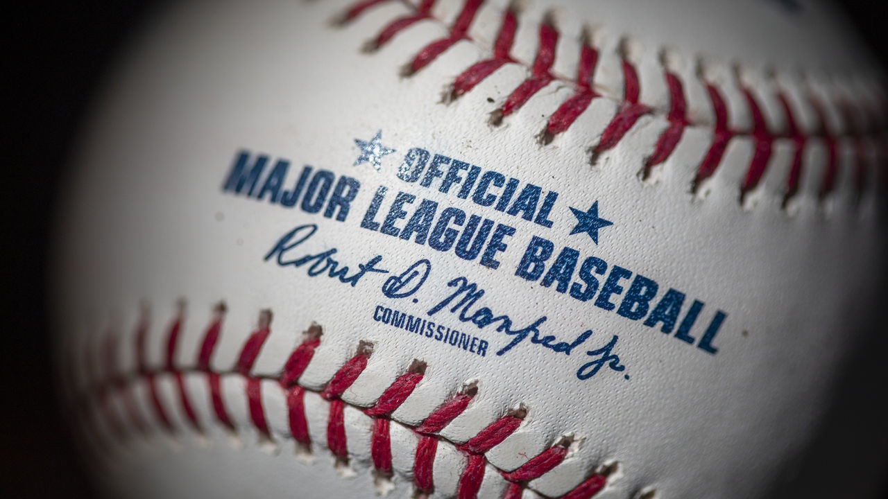MAY 19: An official Rawlings Major League Baseball for the 2020 Major League Baseball season showing the red stitching and markings and the signature of MLB commissioner Rob Manfred on the19th May 2020