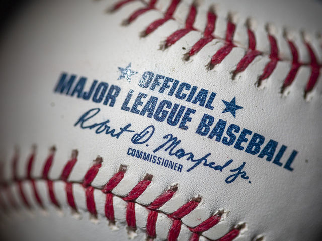 MAY 19 An official Rawlings Major League Baseball for the 2020 Major League Baseball season showing the red stitching and markings and the signature of MLB commissioner Rob Manfred on the19th May 2020