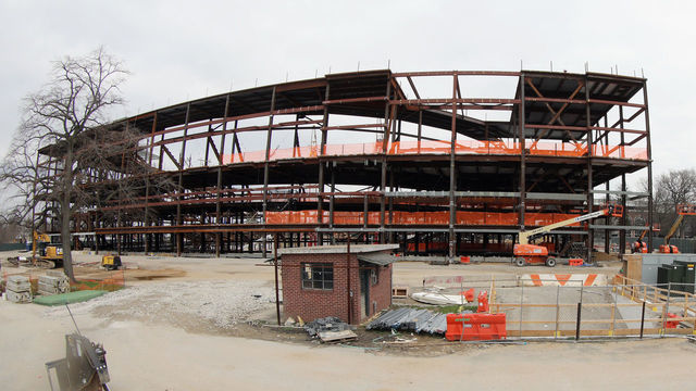 ELMONT, NY - APRIL 05: The New York Islanders future home adjacent to Belmont Racetrack has suspended construction during the coronavirus pandemic. The arena was photographed on April 5, 2020 in Elmont, New York.