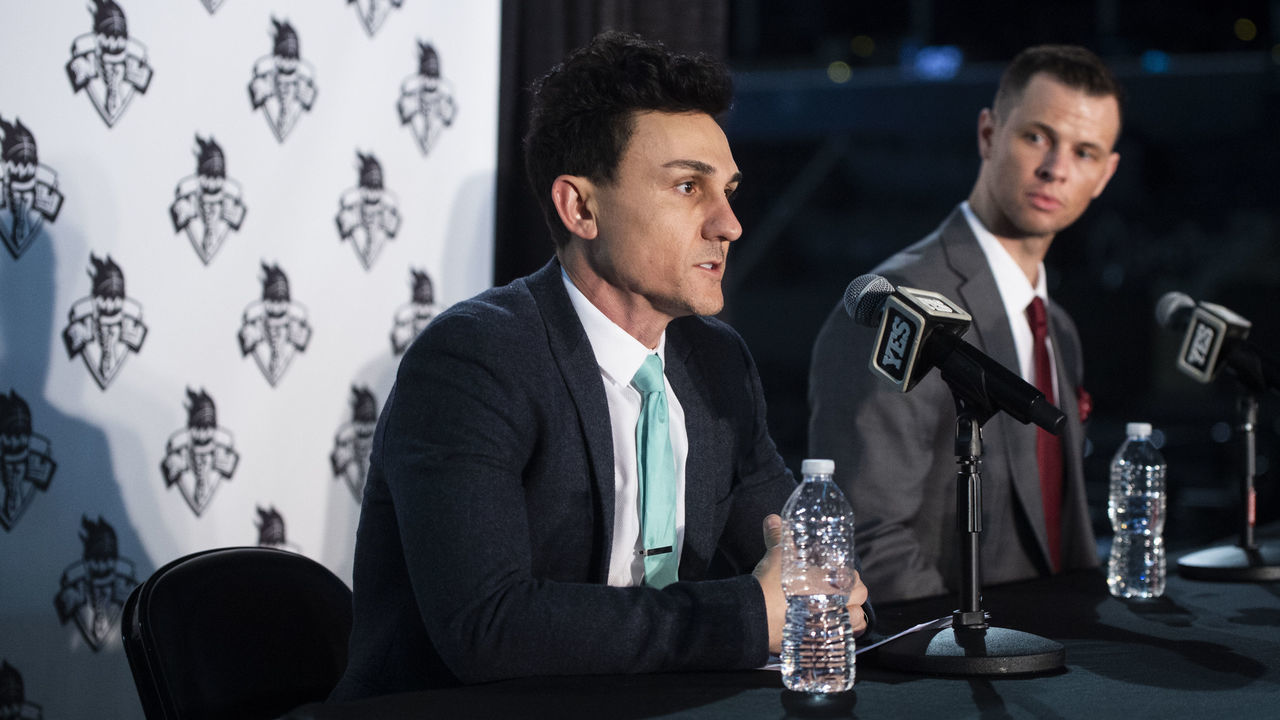 BROOKLYN, NY - JANUARY 8: New York Liberty General Manager Jonathan Kolb speaks alongside new Head Coach Walt Hopkins during the New York Liberty press conference to announce new head coach on January 8, 2020 at Barclays Center in Brooklyn, New York. Mandatory Copyright Notice: Copyright 2020 WNBA