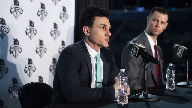 BROOKLYN, NY - JANUARY 8: New York Liberty General Manager Jonathan Kolb speaks alongside new Head Coach Walt Hopkins during the New York Liberty press conference to announce new head coach on January 8, 2020 at Barclays Center in Brooklyn, New York. Mandatory Copyright Notice: Copyright 2020 WNBA