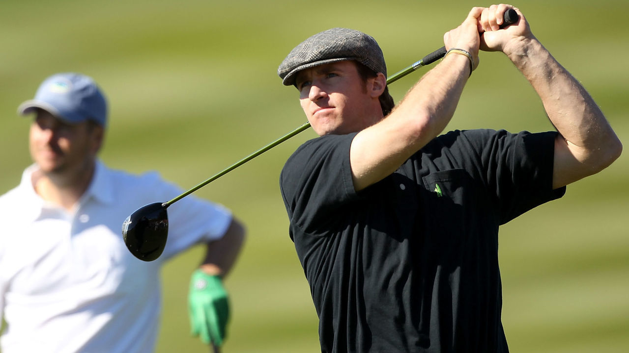 PEBBLE BEACH, CA - FEBRUARY 12: NFL player Drew Brees tees off on the 9th hole during the third round of the AT&T Pebble Beach National Pro-Am at the Pebble Beach Golf Links on February 12, 2011 in Pebble Beach, California.