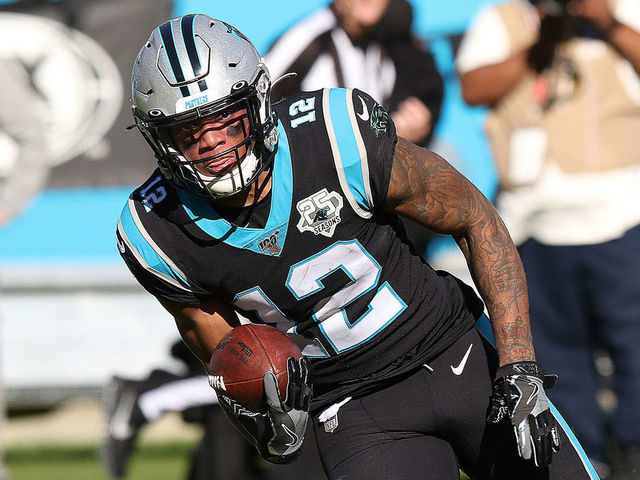 CHARLOTTE, NC - NOVEMBER 17: DJ Moore (12) wide receiver of Carolina during a NFL football game between the Atlanta Falcons and the Carolina Panthers on November 17, 2019, at Bank of America Stadium in Charlotte, NC.
