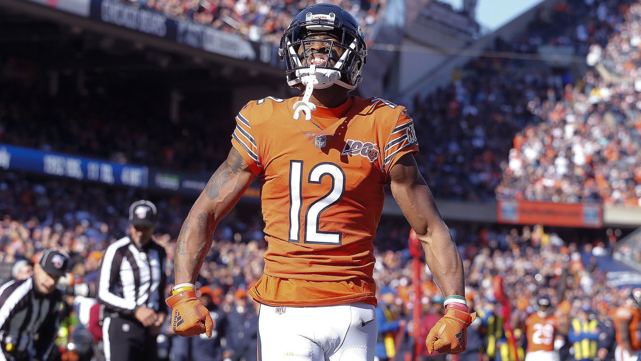 CHICAGO, ILLINOIS - OCTOBER 27: Allen Robinson #12 of the Chicago Bears rects after catching a pass during the game against the Los Angeles Chargers at Soldier Field on October 27, 2019 in Chicago, Illinois.