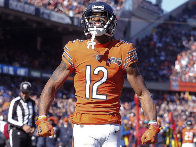 CHICAGO, ILLINOIS - OCTOBER 27: Allen Robinson #12 of the Chicago Bears rects after catching a pass during the game against the Los Angeles Chargers at Soldier Field on October 27, 2019 in Chicago, Illinois.