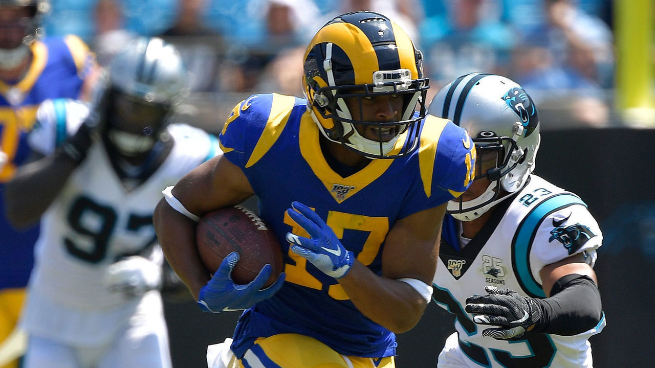 CHARLOTTE, NORTH CAROLINA - SEPTEMBER 08: Robert Woods #17 of the Los Angeles Rams makes a catch against the Carolina Panthers during their game at Bank of America Stadium on September 08, 2019 in Charlotte, North Carolina. The Rams won 30-23.