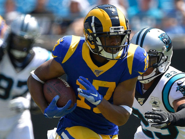 CHARLOTTE, NORTH CAROLINA - SEPTEMBER 08: Robert Woods #17 of the Los Angeles Rams makes a catch against the Carolina Panthers during their game at Bank of America Stadium on September 08, 2019 in Charlotte, North Carolina. The Rams won 30-23.