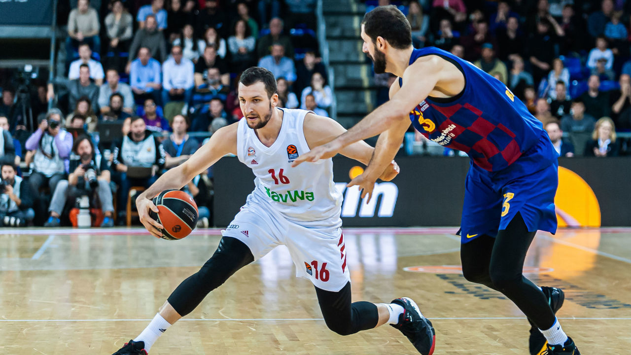 Paul Zipser and Nikola Mirotic during the match between FC Barcelona and FC Bayern Munich, corresponding to the week 28 of the Euroleague, played at the Palau Blaugransa, on 06th March 2020, in Barcelona, Spain.