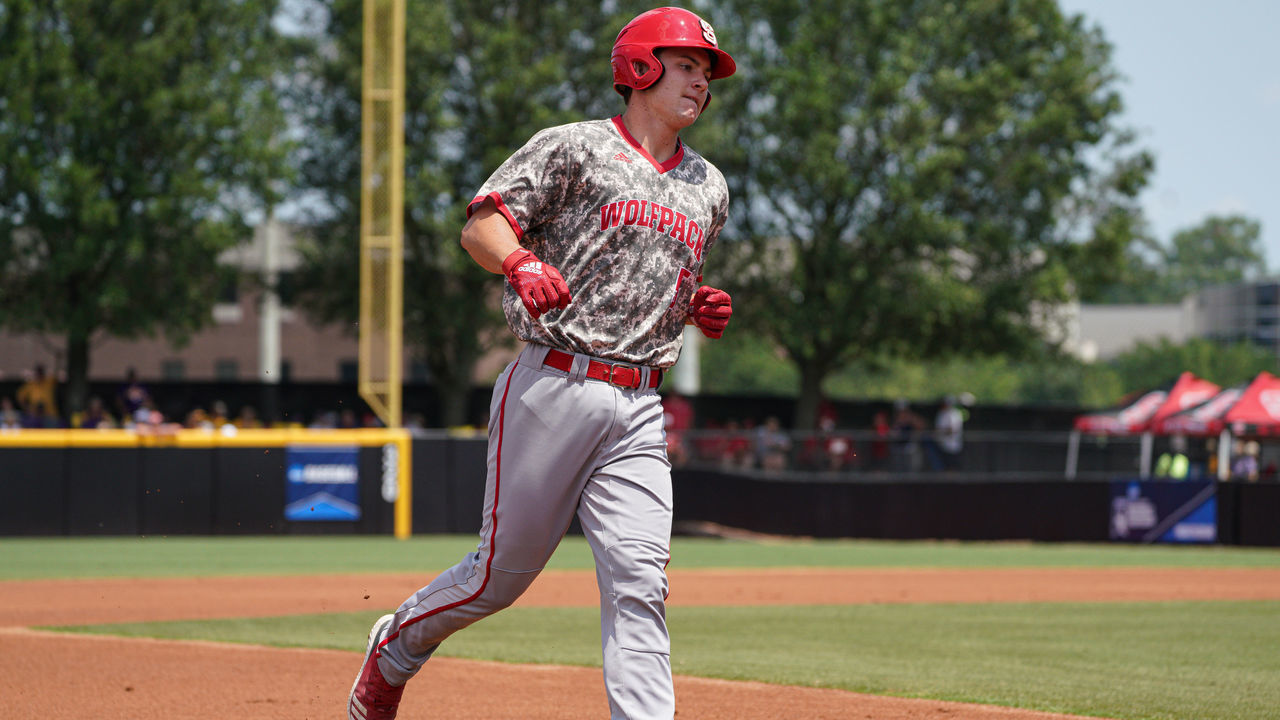 GREENVILLE, NC - JUNE 02: North Carolina State Wolfpack catcher Patrick Bailey (5) rounds the bases after homering during a game between the East Carolina pirates and the North Carolina State Wolfpack on June 2, 2109 at Clark-LeClair Stadium in Greenville, NC.