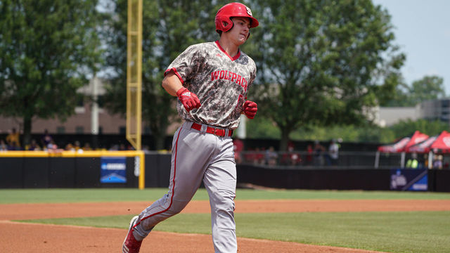 GREENVILLE, NC - JUNE 02: North Carolina State Wolfpack catcher Patrick Bailey (5) rounds the bases after homering during a game between the East Carolina pirates and the North Carolina State Wolfpack on June 2, 2109 at Clark-LeClair Stadium in Greenville, NC.