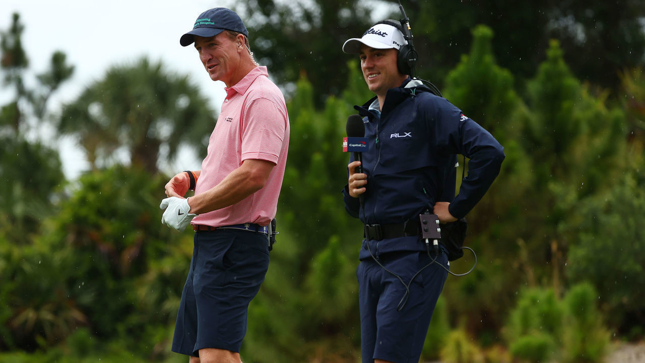 HOBE SOUND, FLORIDA - MAY 24: On course reporter Justin Thomas and former NFL player Peyton Manning look on over the 11th green during The Match: Champions For Charity at Medalist Golf Club on May 24, 2020 in Hobe Sound, Florida.