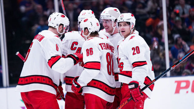 UNIONDALE, NY - MARCH 07: The Hurricanes celebrate the goal of Carolina Hurricanes Defenceman Joel Edmundson (6) in the third period during the game between the Carolina Hurricanes and the New York Islanders on March 7, 2020, at Nassau Veterans Memorial Coliseum in Uniondale, New York.