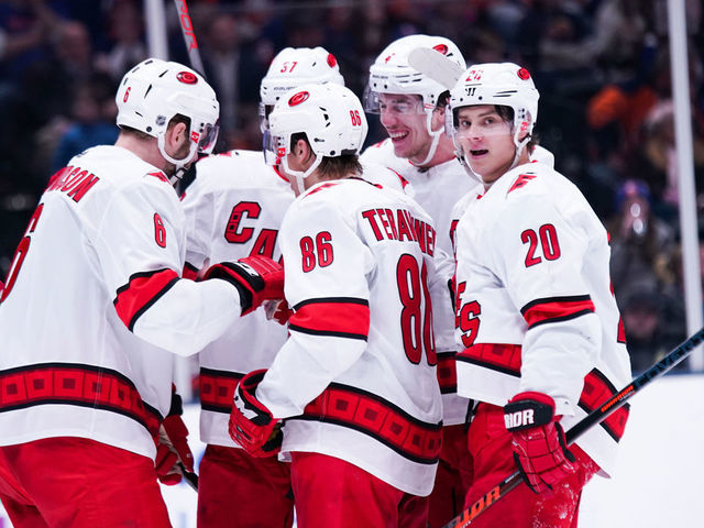 UNIONDALE, NY - MARCH 07: The Hurricanes celebrate the goal of Carolina Hurricanes Defenceman Joel Edmundson (6) in the third period during the game between the Carolina Hurricanes and the New York Islanders on March 7, 2020, at Nassau Veterans Memorial Coliseum in Uniondale, New York.