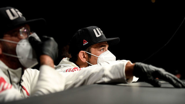 JACKSONVILLE, FL - MAY 09: Team members wear protective face masks during the Welterweight fight between Niko Price (not pictured) of the United States and Vicente Luque (not pictured) of the United States during UFC 249 at VyStar Veterans Memorial Arena on May 9, 2020 in Jacksonville, Florida.