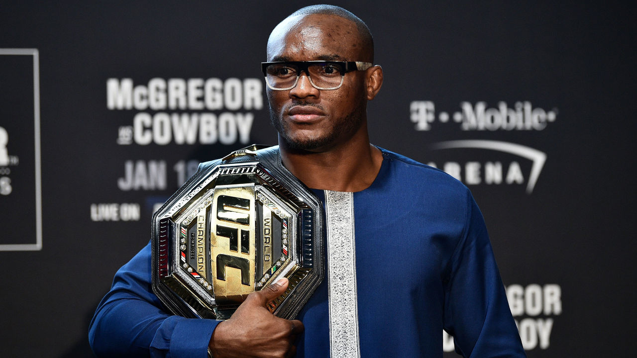 LAS VEGAS, NV - JANUARY 16: UFC welterweight champion Kamaru Usman interacts with the media during the UFC 246 Ultimate Media Day at UFC APEX on January 16, 2020 in Las Vegas, Nevada.