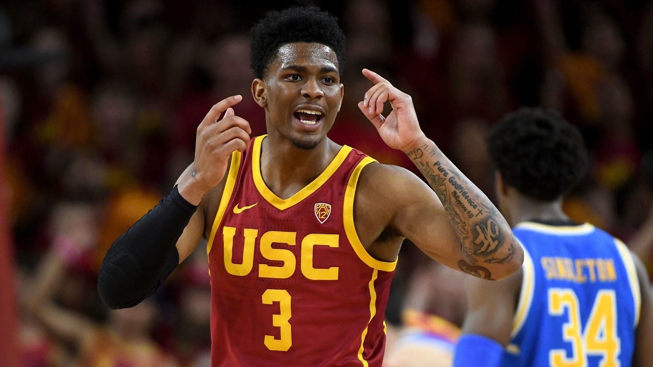 LOS ANGELES, CA - MARCH 07: Elijah Weaver #3 of the USC Trojans looks at the bench for the play call in the game against the UCLA Bruins at Galen Center on March 7, 2020 in Los Angeles, California.