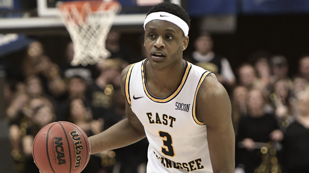 ASHEVILLE, NC - MARCH 09: Bo Hodges (3) guard East Tennessee State University (ETSU) Buccaneers dribbles the basketball against the Wofford College Terriers during the Southern Conference (SoCon) Championship, Monday, March 9, 2020, at Harrah's Cherokee Center in Asheville, North Carolina.