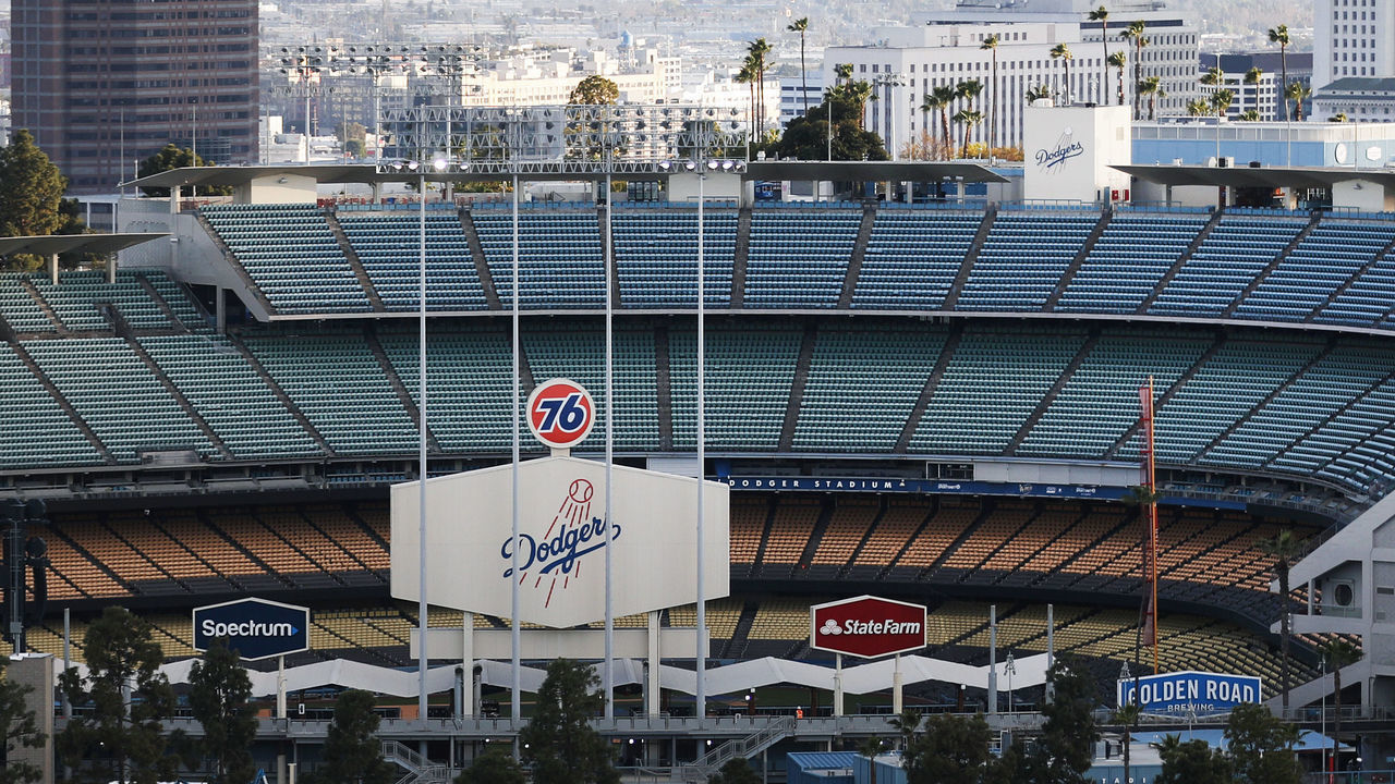 LOS ANGELES, CALIFORNIA - MARCH 26: Dodger Stadium is viewed on what was supposed to be Major League Baseball's opening day, now postponed due to the coronavirus, on March 26, 2020 in Los Angeles, California. The Los Angeles Dodgers were slated to play against the San Francisco Giants at the stadium today. Major League Baseball Commissioner Rob Manfred is not optimistic that the league will play a full 162 game regular season due to the spread of COVID-19.
