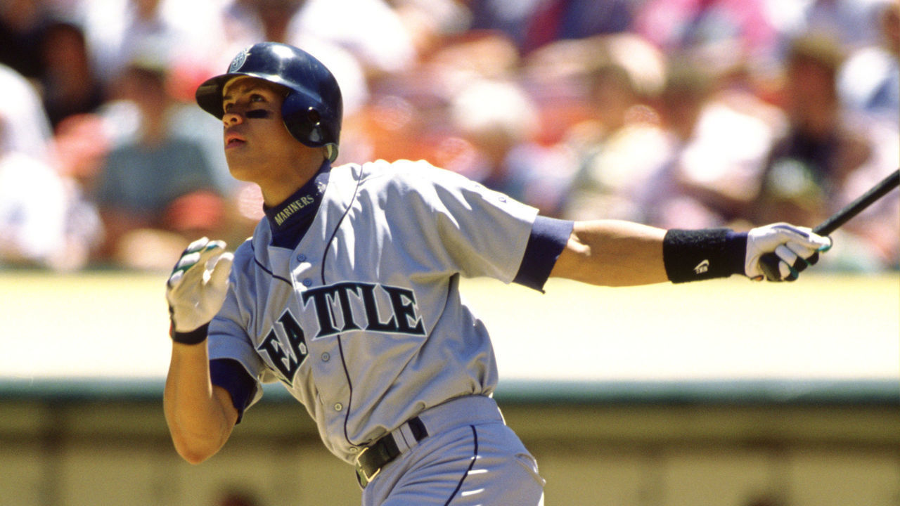 OAKLAND - 1996: Alex Rodriguez of the Seattle Mariners bats during an MLB game versus the Oakland Athletics at the Oakland Coliseum in Oakland, California during the 1996 season.