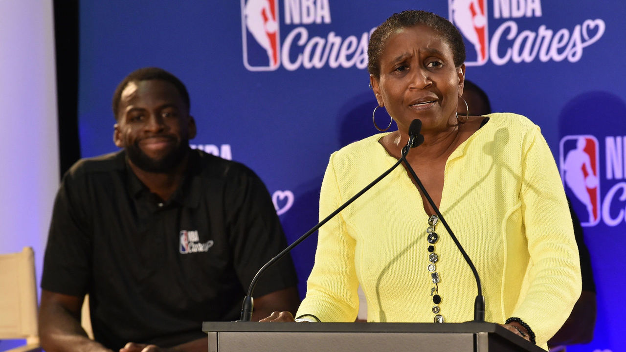 OAKLAND, CA - JUNE 6: NBPA Executive Director Michele Roberts speaks to the crowd as she takes part in the 2019 NBA Finals Cares Legacy Project as part of the 2019 NBA Finals on June 6, 2019 at the Ira Jinkins Recreation Center in Oakland, California. Mandatory Copyright Notice: Copyright 2019 NBAE