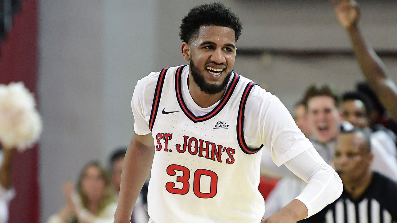NEW YORK, NEW YORK - MARCH 01: LJ Figueroa #30 of the St. John's Red Storm celebrates a three point basket against the Creighton Bluejays at Carnesecca Arena on March 01, 2020 in New York City.