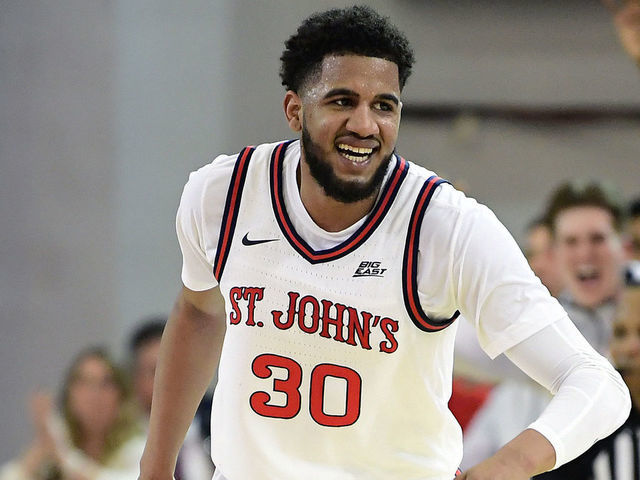 NEW YORK, NEW YORK - MARCH 01: LJ Figueroa #30 of the St. John's Red Storm celebrates a three point basket against the Creighton Bluejays at Carnesecca Arena on March 01, 2020 in New York City.