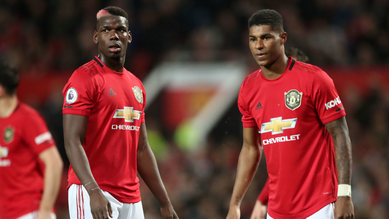 Manchester United's Paul Pogba and Marcus Rashford during the Premier League match at Old Trafford, Manchester.
