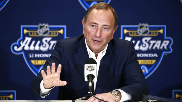 ST LOUIS, MISSOURI - JANUARY 24: NHL Commissioner Gary Bettman speaks to the media prior to the start of the 2020 NHL All-Star Skills competition at Enterprise Center on January 24, 2020 in St Louis, Missouri.