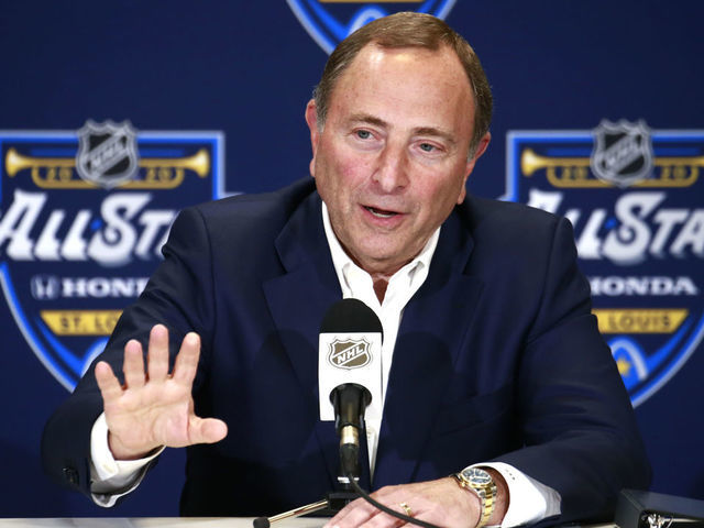 ST LOUIS, MISSOURI - JANUARY 24: NHL Commissioner Gary Bettman speaks to the media prior to the start of the 2020 NHL All-Star Skills competition at Enterprise Center on January 24, 2020 in St Louis, Missouri.