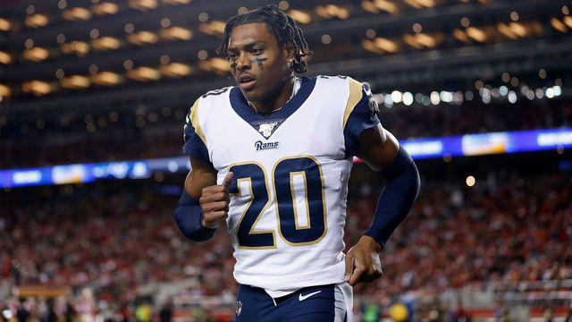 SANTA CLARA, CALIFORNIA - DECEMBER 21: Jalen Ramsey #20 of the Los Angeles Rams runs to the side line in the second quarter against the San Francisco 49ers at Levi's Stadium on December 21, 2019 in Santa Clara, California.