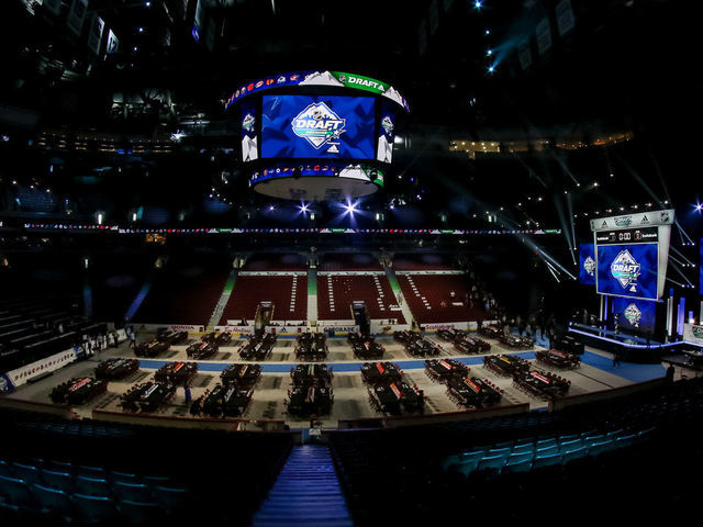VANCOUVER, BC - JUNE 21: A general view of the draft floor prior to the 2019 NHL Draft at Rogers Arena on June 21, 2019 in Vancouver, British Columbia, Canada.