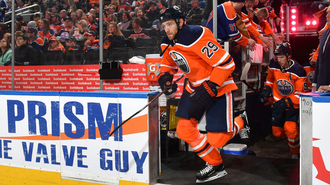 EDMONTON, AB - MARCH 7: Leon Draisaitl #29 of the Edmonton Oilers steps onto the ice prior to the game against the Columbus Blue Jackets on March 7, 2020, at Rogers Place in Edmonton, Alberta, Canada.