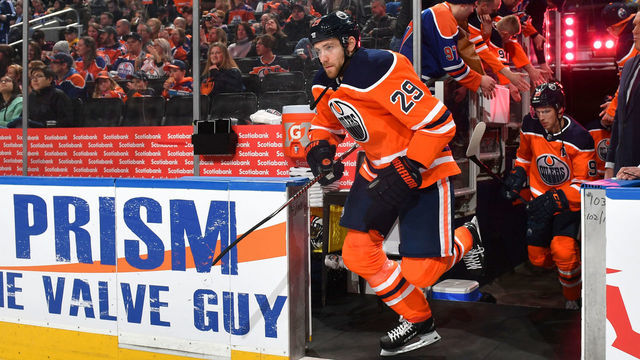 EDMONTON, AB - MARCH 7: Leon Draisaitl #29 of the Edmonton Oilers steps onto the ice prior to the game against the Columbus Blue Jackets on March 7, 2020, at Rogers Place in Edmonton, Alberta, Canada.