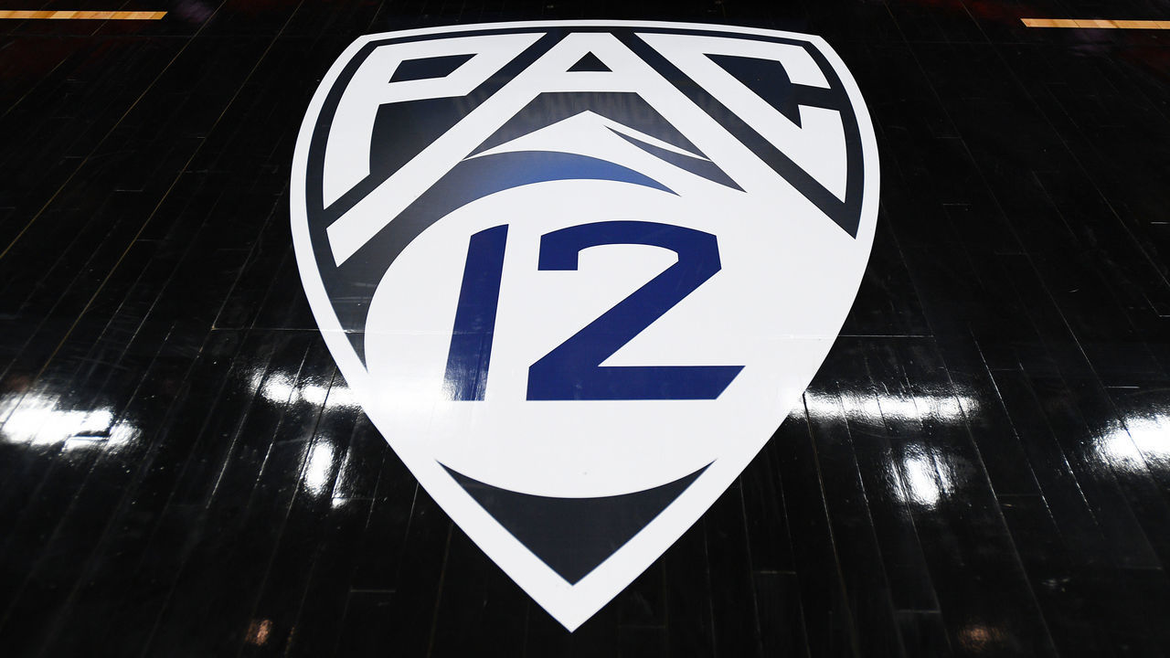 LAS VEGAS, NV - MARCH 11: The Pac-12 logo on the court the first round game of the men's Pac-12 Tournament between the Oregon State Beavers and the Utah Utes on March 11, 2020, at the T-Mobile Arena in Las Vegas, NV.