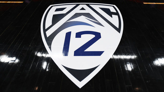 LAS VEGAS, NV - MARCH 11: The Pac-12 logo on the court the first round game of the men's Pac-12 Tournament between the Oregon State Beavers and the Utah Utes on March 11, 2020, at the T-Mobile Arena in Las Vegas, NV.