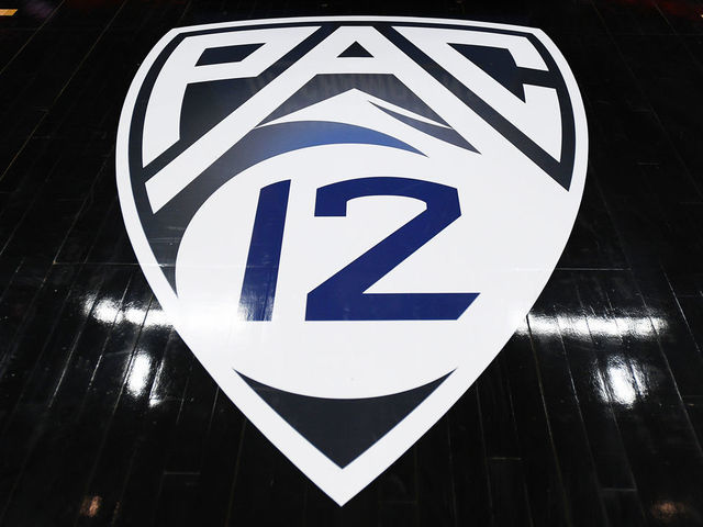 LAS VEGAS, NV - MARCH 11: The Pac-12 logo on the court the first round game of the men's Pac-12 Tournament between the Oregon State Beavers and the Utah Utes on March 11, 2020, at the T-Mobile Arena in Las Vegas, NV.