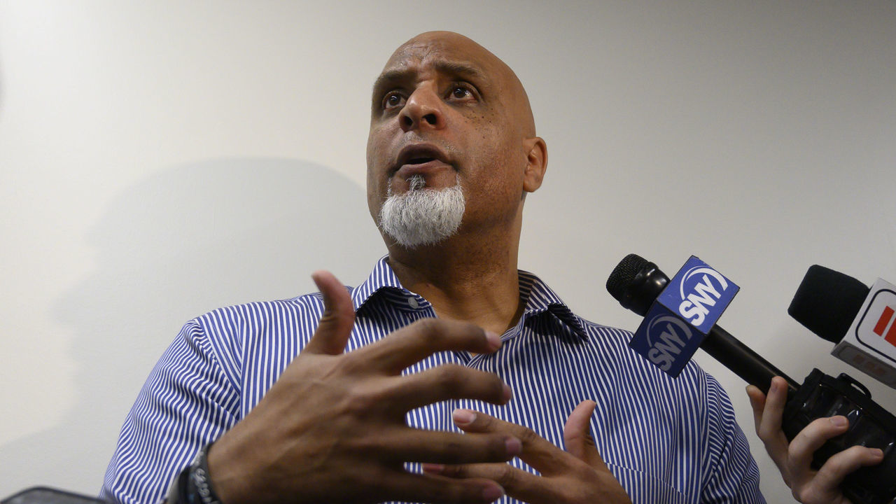 Port St. Lucie, Fl.: Tony Clark, executive director of the Major League Baseball Players Association answers questions about the Houston Astros' sign stealing scandal at Clover Park in Port St. Lucie, Florida on February 19, 2020. Clark met with New York Mets players before their spring training workout.