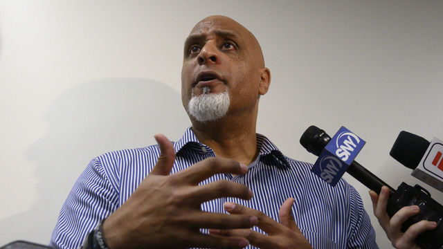 Port St. Lucie, Fl.: Tony Clark, executive director of the Major League Baseball Players Association answers questions about the Houston Astros' sign stealing scandal at Clover Park in Port St. Lucie, Florida on February 19, 2020. Clark met with New York Mets players before their spring training workout.