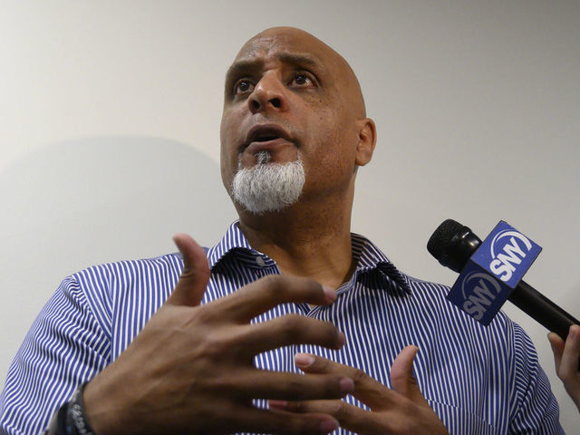 Port St. Lucie, Fl.: Tony Clark, executive director of the Major League Baseball Players Association answers questions about the Houston Astros' sign stealing scandal at Clover Park in Port St. Lucie, Florida on February 19, 2020. Clark met with New York Mets players before their spring training workout.