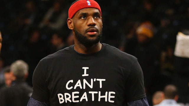 NEW YORK, NY - DECEMBER 08: LeBron James #23 of the Cleveland Cavaliers wears an "I Can't Breathe" shirt during warmups before his game against the Brooklyn Nets during their game at the Barclays Center on December 8, 2014 in New York City.